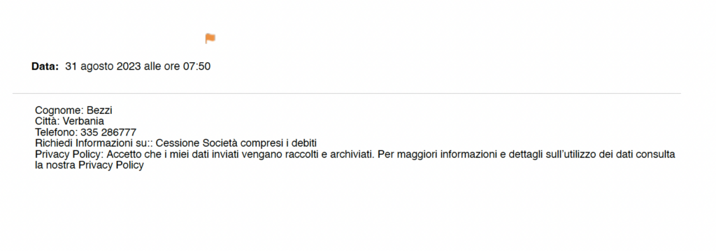 Modulo di richiesta informazioni inviato il 31 agosto 2023 relativo alla cessione di una società con debiti