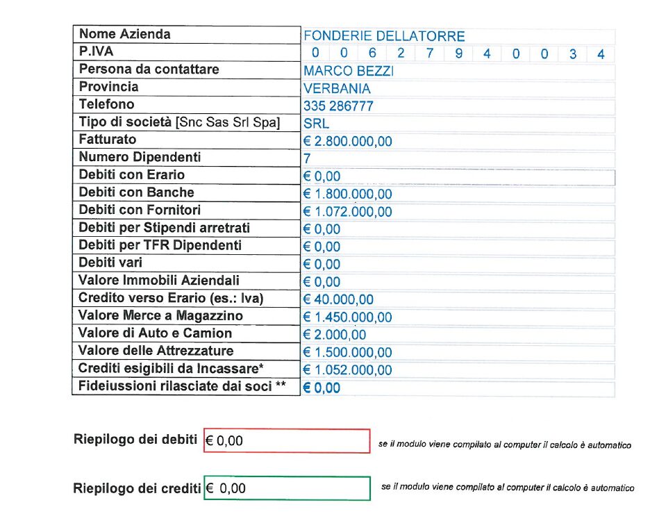 modulo di elenco dei debiti compilato da Bezzi 